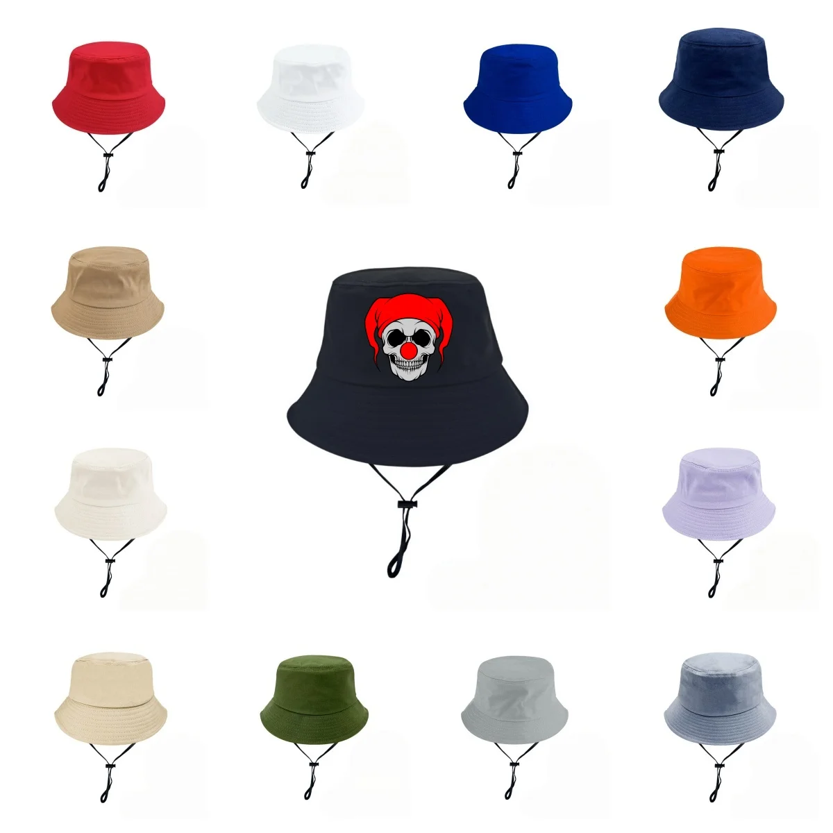 Halloween Clown Skull Print Bucket Hat Adjustable Chin Strap Outdoor Windproof Sun Fisherman Cap Men Women Fishing Hat