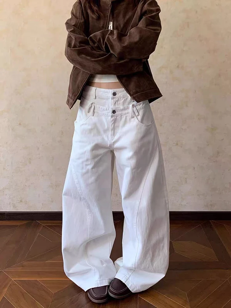 

American Double Waist Scimitar Jeans Women Y2K High Waist Streetwear Loose Wide Leg Pants Bf Hip Hop All Match Straight Trousers