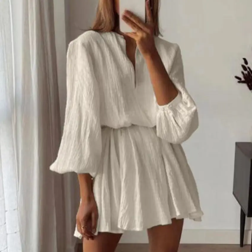 WXOY Vestido Beige de Algodón para Mujer Manga Larga Tejido Texturizado Escote en V Diseño de Cintura con Lazo Estilo Minimalista Primavera Verano Street Style Outfit