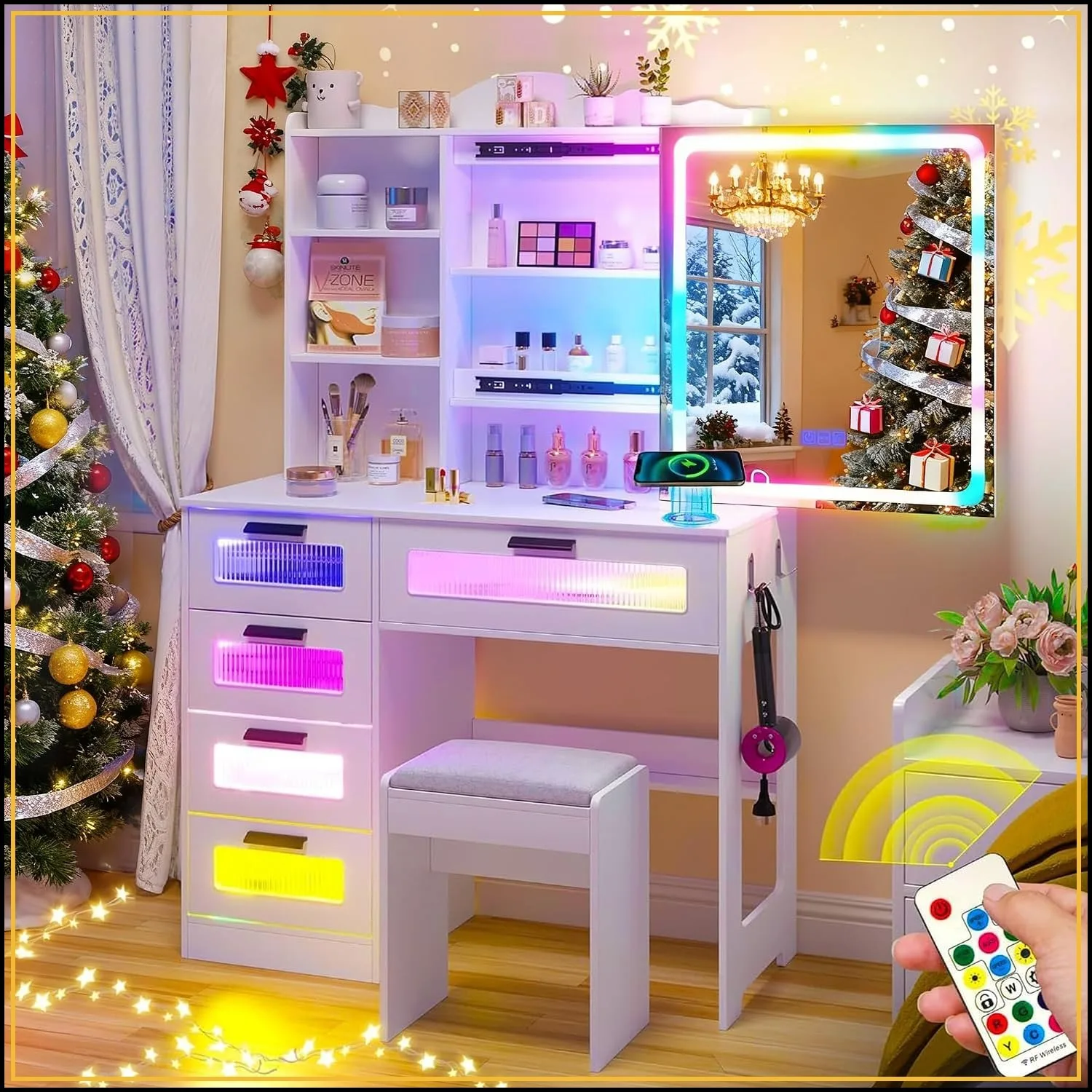 Vanity Desk with Mirror and Lights RGB LED Makeup Vanity Desk for Bedroom