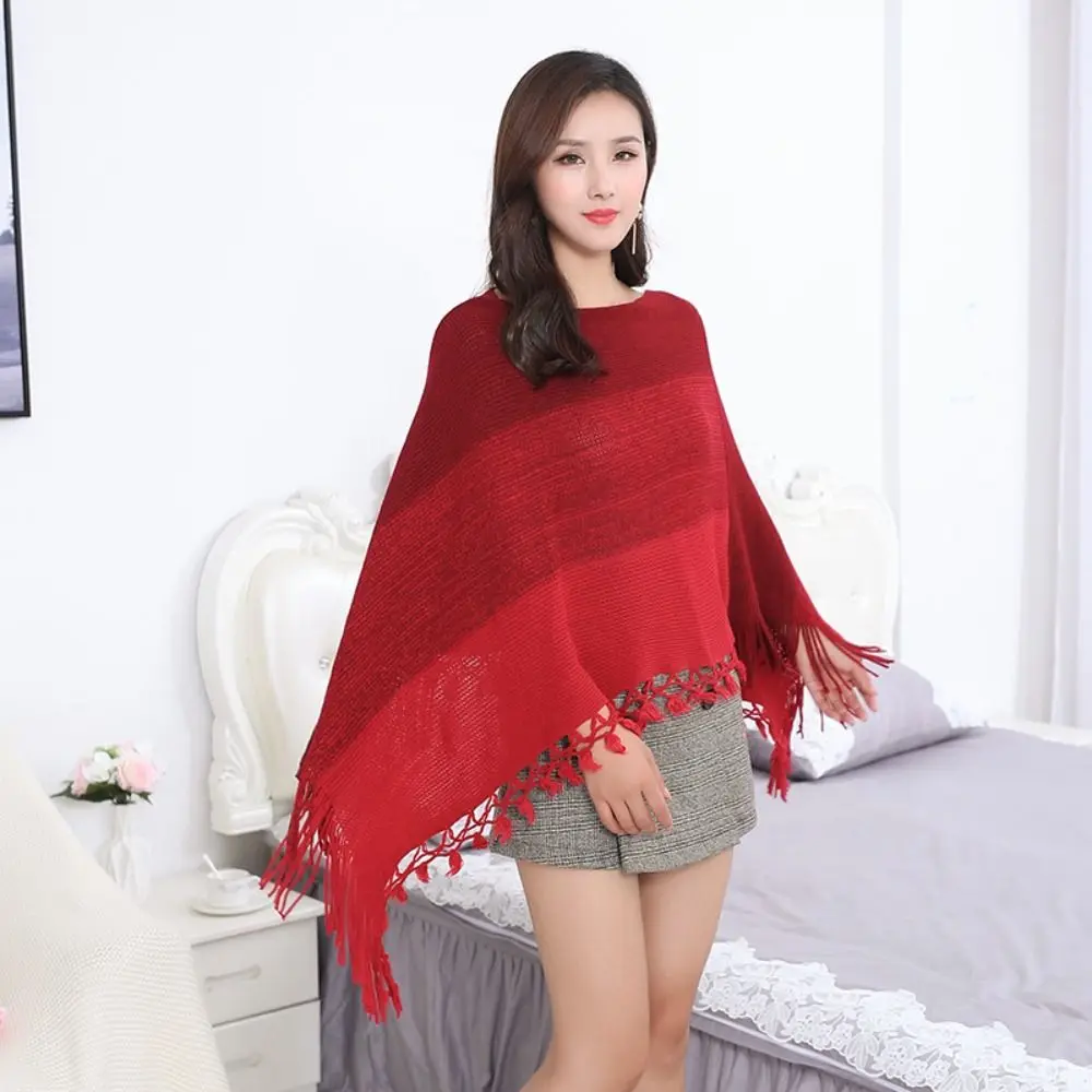 Coat Overlays Winter Warm Mongolian Poncho Striped Ethnic Style Pullover Tassel Shawl Polyester Knitted Cape Women Fashion