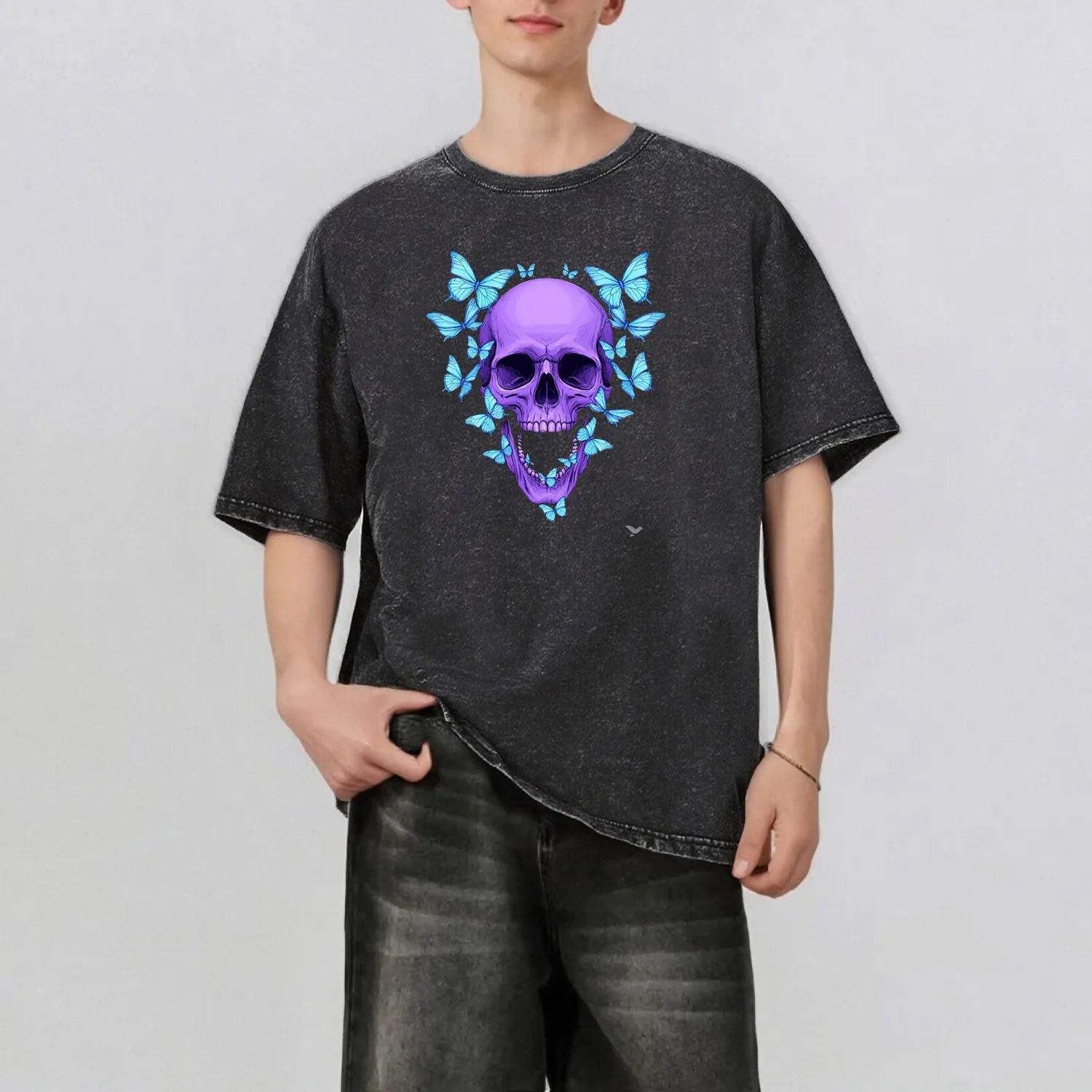 

Butterfly Skull Pattern Rint Men's Summer Retro Style Washed Water T-Shirt Casual Short Sleeved Basic Men's Top 230G