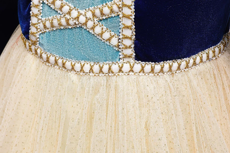 Schneewittchen-Prinzessinnenkleid für Mädchen, blaues Samt-Mieder mit beigem Tüllrock, Spitzenapplikationen für Halloween, Geburtstagsfeier, Cosplay – Detail 14