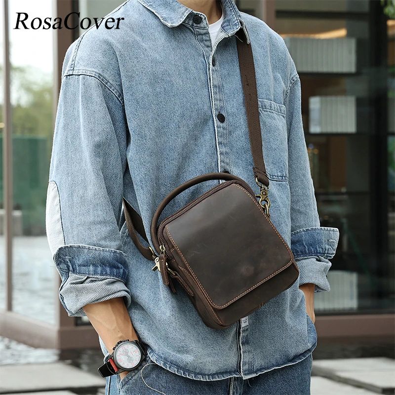 Vintage Crazy Horse Leather Small Messenger Bag for Men Vintage Shoulder Crossbody Sling Bags Work Business Travel Handbag