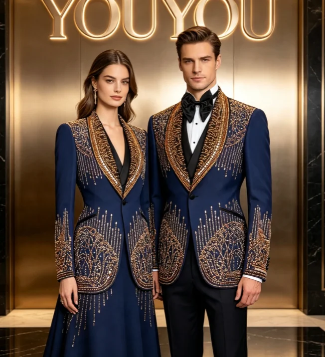 Luxurious Shiny Beaded  Groom Wedding Tuxedos Male Prom Blazers Customized Slim Fit Shawl Lapel Men Suits 3 Pcs Sets Ropa Hombr