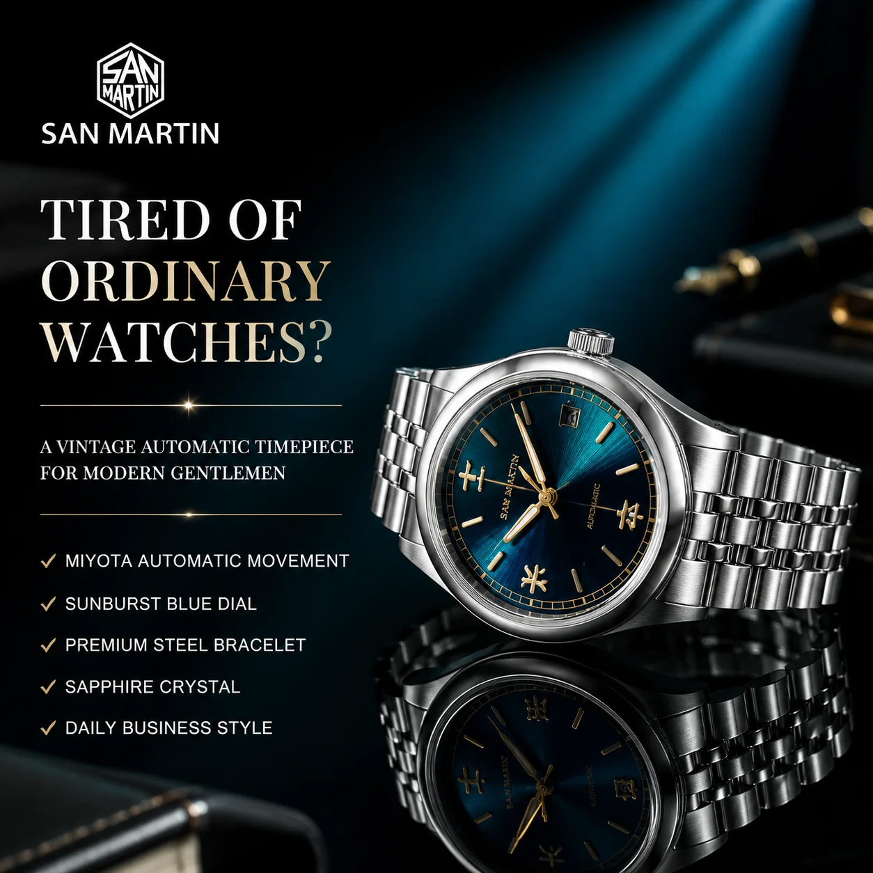 San Martin SN0144 Pro Men'S Automatic Watch Miyota 90S5 Mechanical 39Mm Slim Watch Sunburst Dial Sapphire Crystal Steel Bracelet