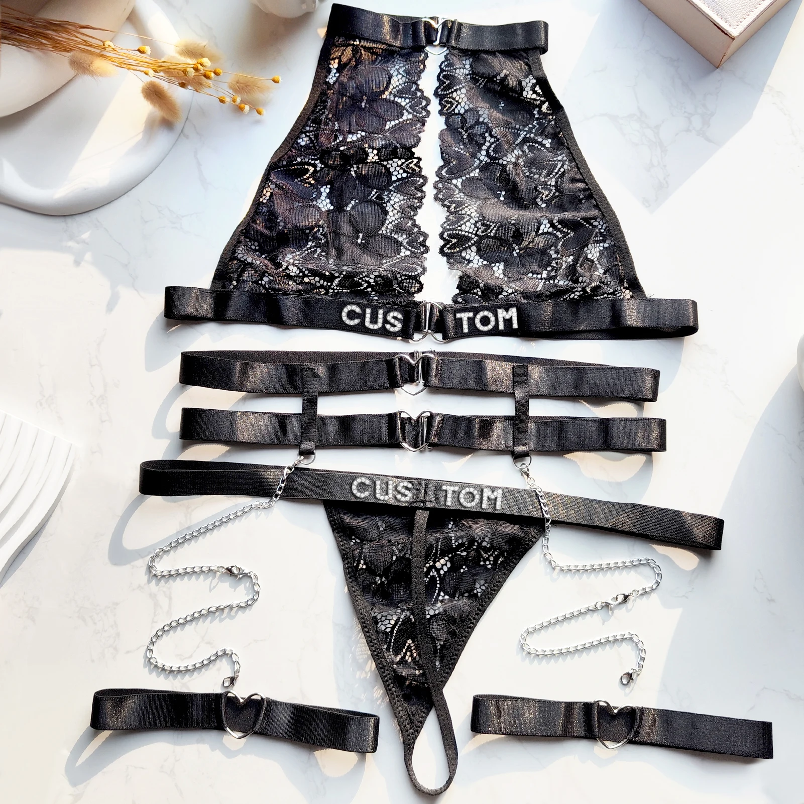 Sexy Customized Name Underwear Set Perspective Fancy Lace Top Set 3 Pieces Transparent corset See Through Bra and thong Set view 5