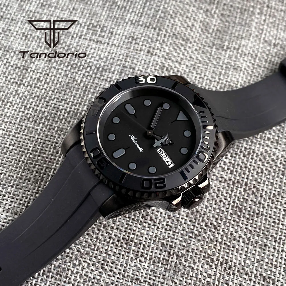 Tandorio Black Pvd Case Dress NH36A 40mm Automatic Watch for Men Rubber Strap Week Date Display Ceramic Rotating Bezel Sapphire