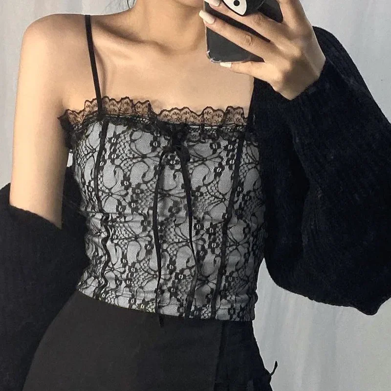 

2024 NEW Sexy Black Lace Patchwork Spaghetti Strap Top E-girl Slim Fit Crop Camis Backless Tops Y2K Fashion Women Summer Clothes