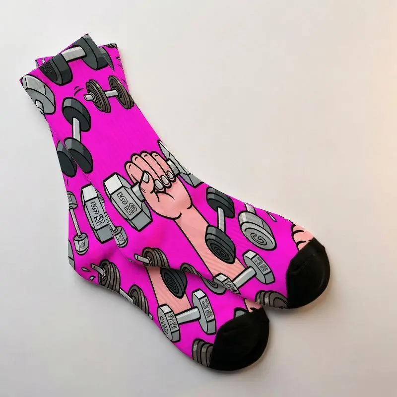 Hot Pink Crew Socks for Women Men - Vibrant Fitness Gym Weightlifting Dumbbell Pattern with 20 LBS Design, Breathable Athletic