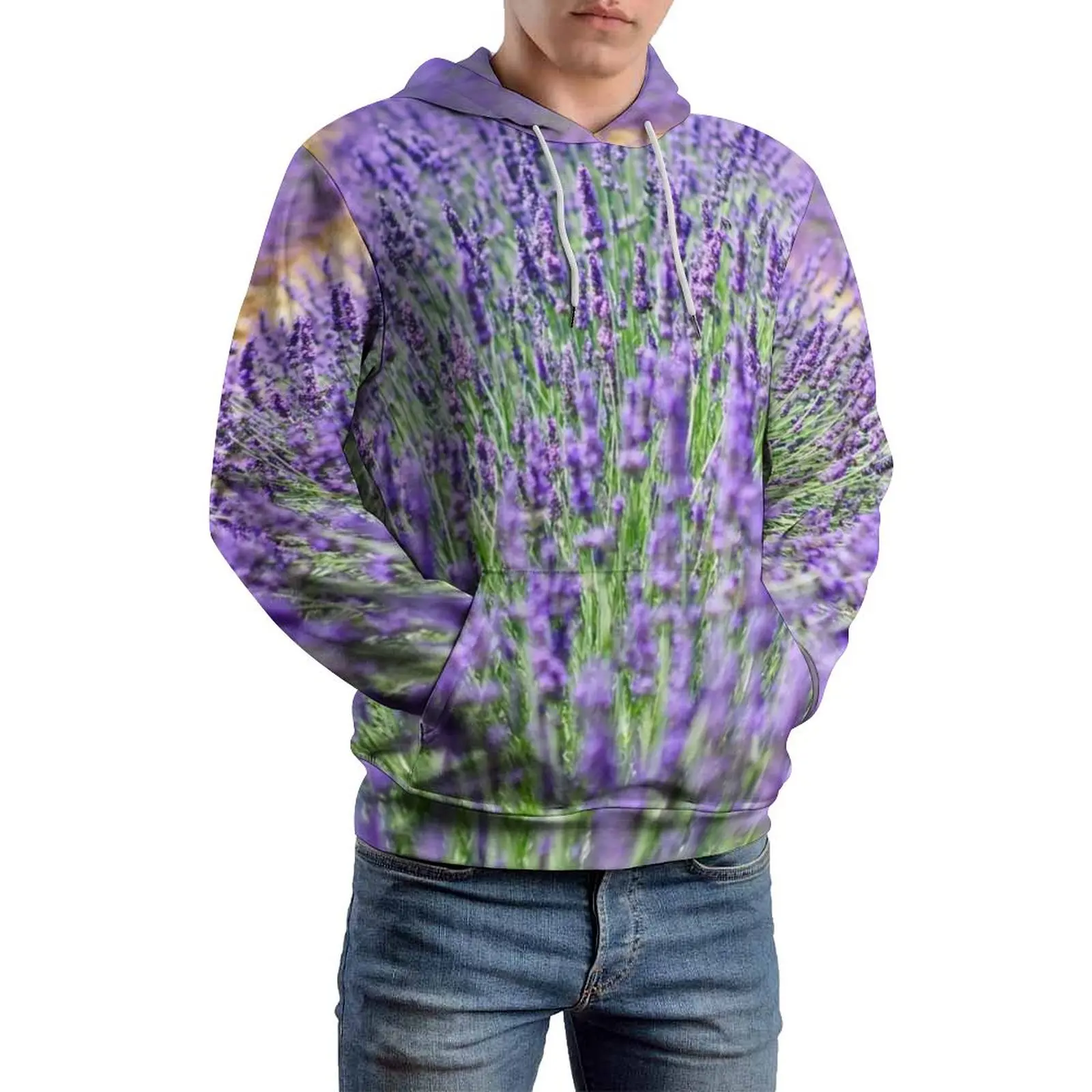 Lavender Fields Casual Hoodies Garden Flowers Print Loose Hoodie Men Long Sleeve Kawaii Graphic Hooded Sweatshirts Plus Size