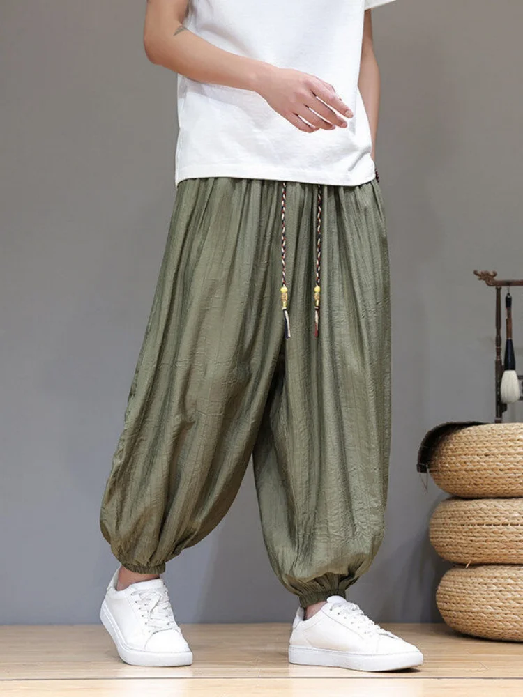 

Легкие летние мужские брюки-шаровары из ледяного шелка с широкими штанинами, на резинке, повседневные, дышащие, с охлаждающим эффектом