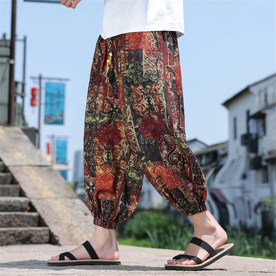 Large Size Harem Pant Mens Summer Thin Vintage Print Casual Trousers Men Harajuku Chinese Style Baggy Ankle Length Pants Male