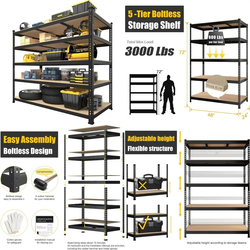 5 Tier Heavy Duty Adjustable Metal Garage Storage Shelving Rack - 48x24x72 Utility Shelf for Maximum Storage Space