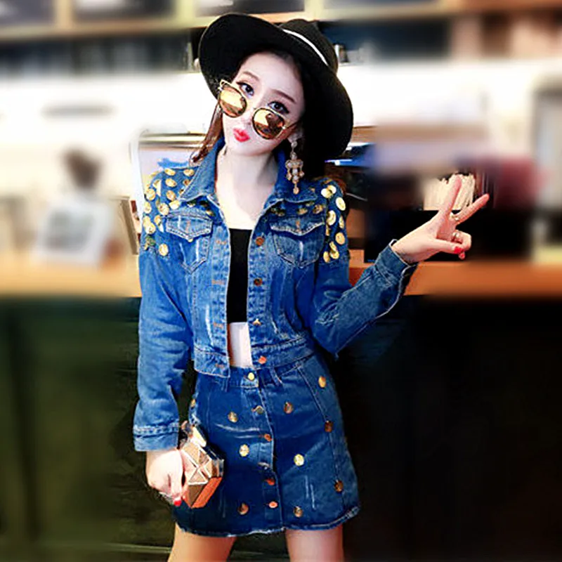 

Denim Skirts Suits Spring Autumn Women Coins Beading Denim Jackets Outwear Coat Tops + Slim Skirts Suits Clothing Sets NS962