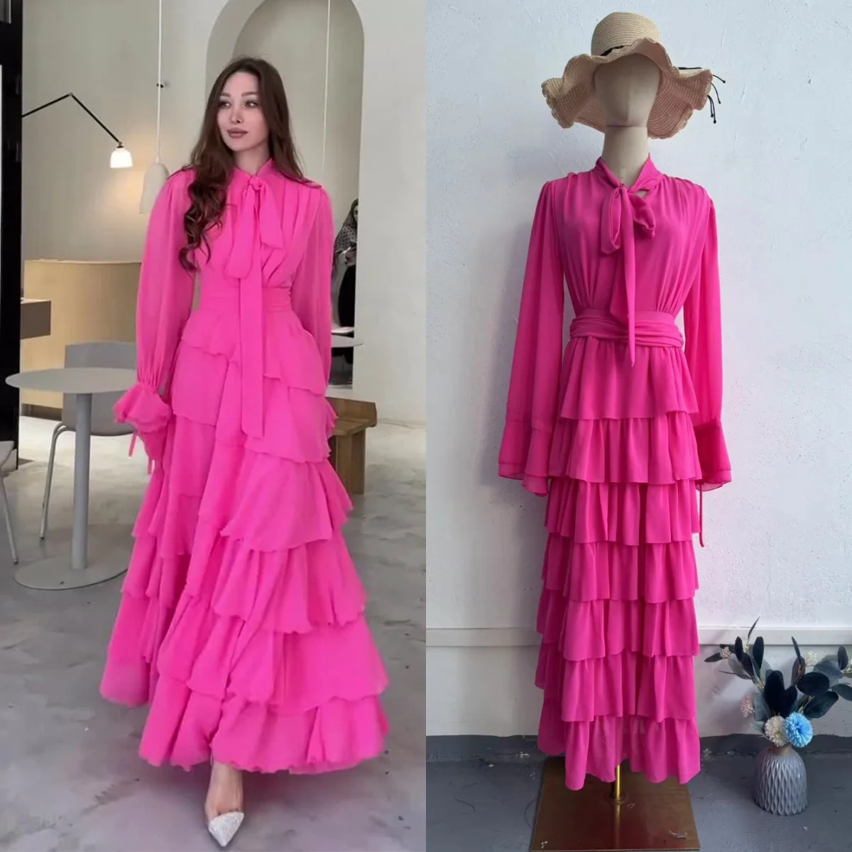 Women Fashion Simple Stand Collar Tie Neck Cake Dress Long Sleeve Cuff Tie Ruffle Tiered Long Dress For Wedding Guest