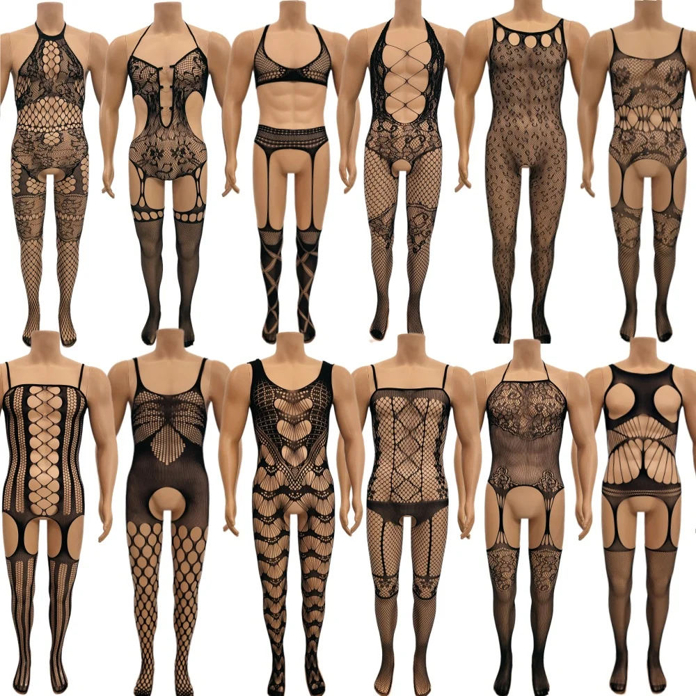 Male Tights See Through Mesh Bodysuit Men Hollow Lace Fishnet Open Crotch Multi Pattern Crossdresser Club Lingerie Nightwear