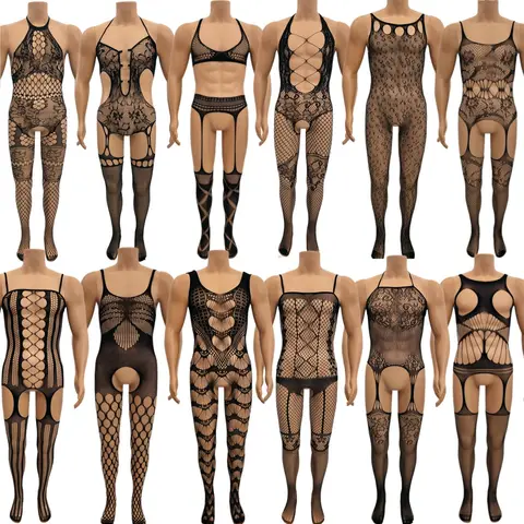 Male Tights See Through Mesh Bodysuit Men Hollow Lace Fishnet Open Crotch Multi Pattern Crossdresser Club Lingerie Nightwear