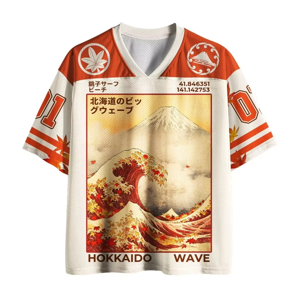 Vintage Ukiyo-e Great Wave Art Print Mesh Sports Jersey V Neck Loose Short Sleeve Unisex Street Top