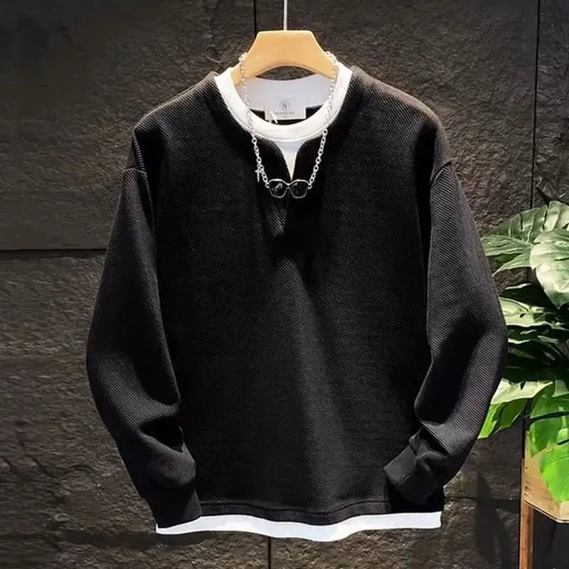 Trendy Fake Two Solid Color V-neck Hoodies for Men High-end Loose and Versatile Casual Long Sleeved T-shirt Top for Men