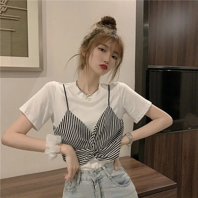 Striped T Shirt Korean Tops Aesthetic Short Sleeve Casual Fashion Women\'s T-shirt Summer Clothes Loose Pulovers Elegant White Xl