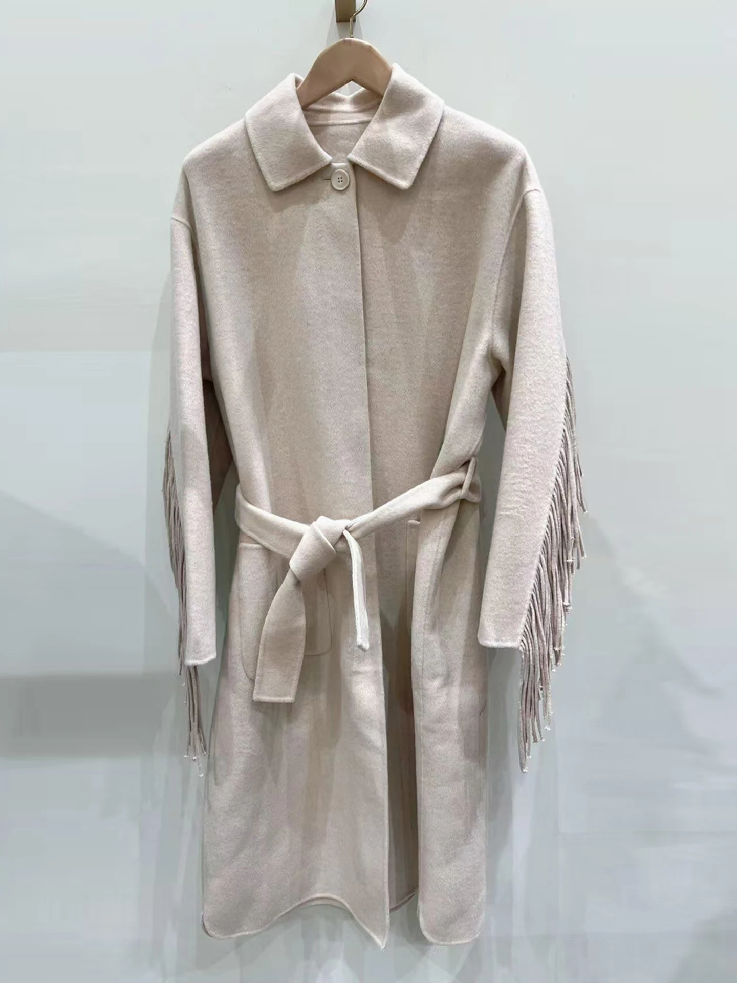

M Home Nan You High End Women's Autumn Design Tassel Waist Belt Woolen Coat Jaet Fem Ele Commute Sle Long Sve