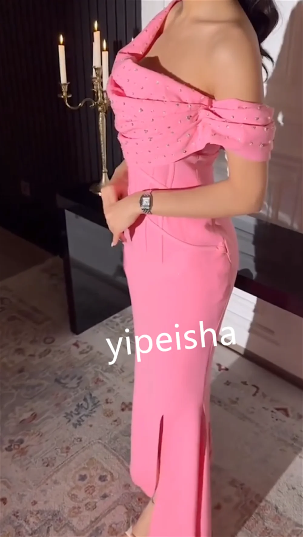 Jersey personalizado rebordear noche una línea de un solo hombro vestido de ocasión a medida vestidos midi