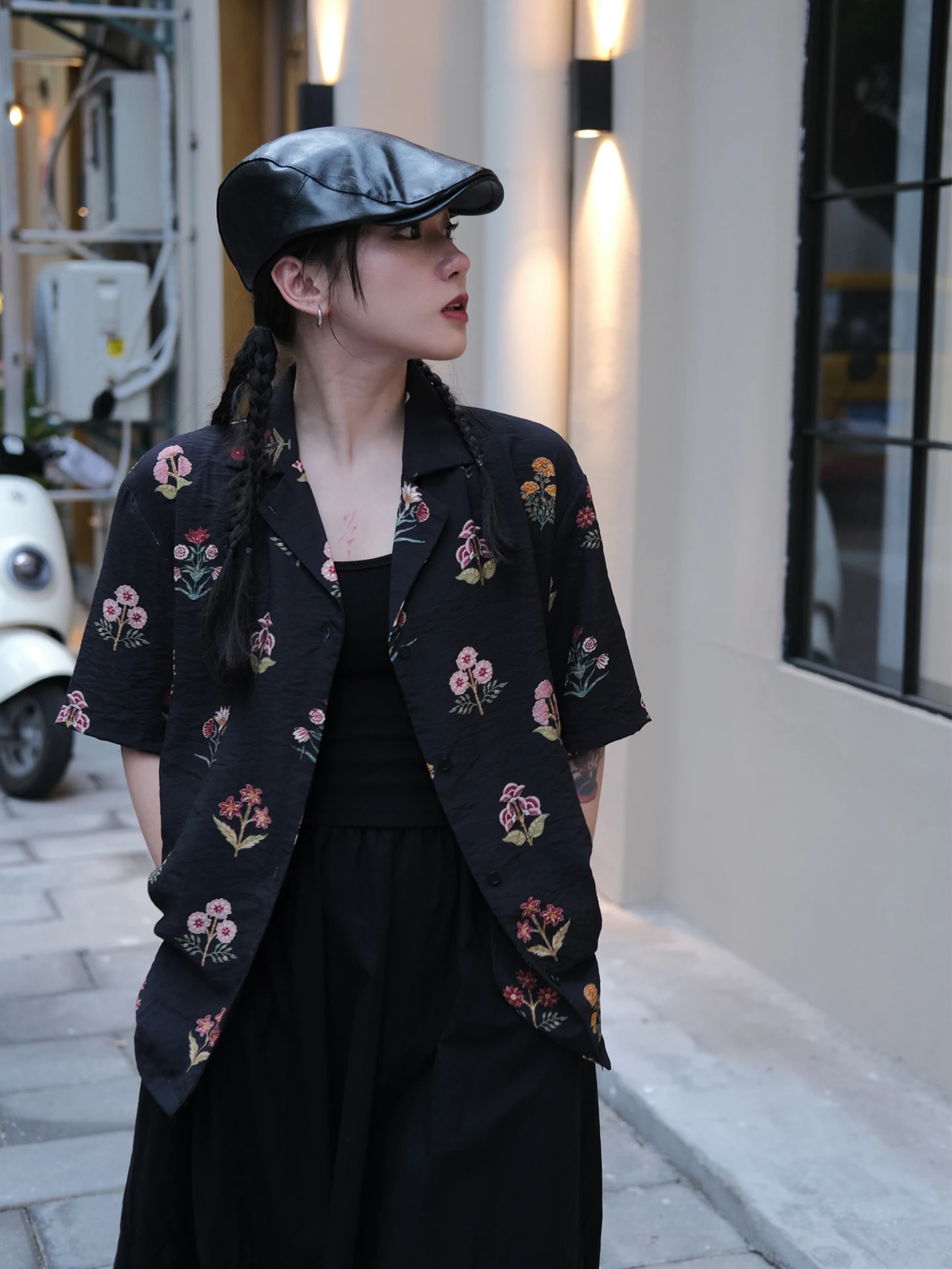 

Amei Store Bla Floral Print ort Sve irt Vintage Collar Hong Kong Sle Loose Fit Versatile Women's Casual irt