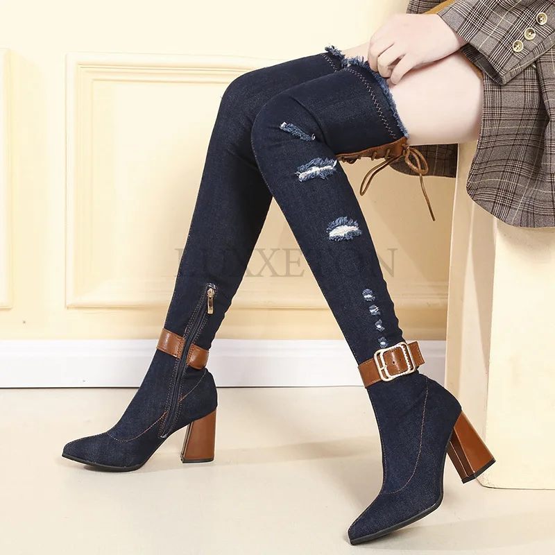 Women Denim Over The Knee High Boots Stretch High Heel Female Shoes Ladies WoMen Pointed Toe Fashion Nice Autumn New