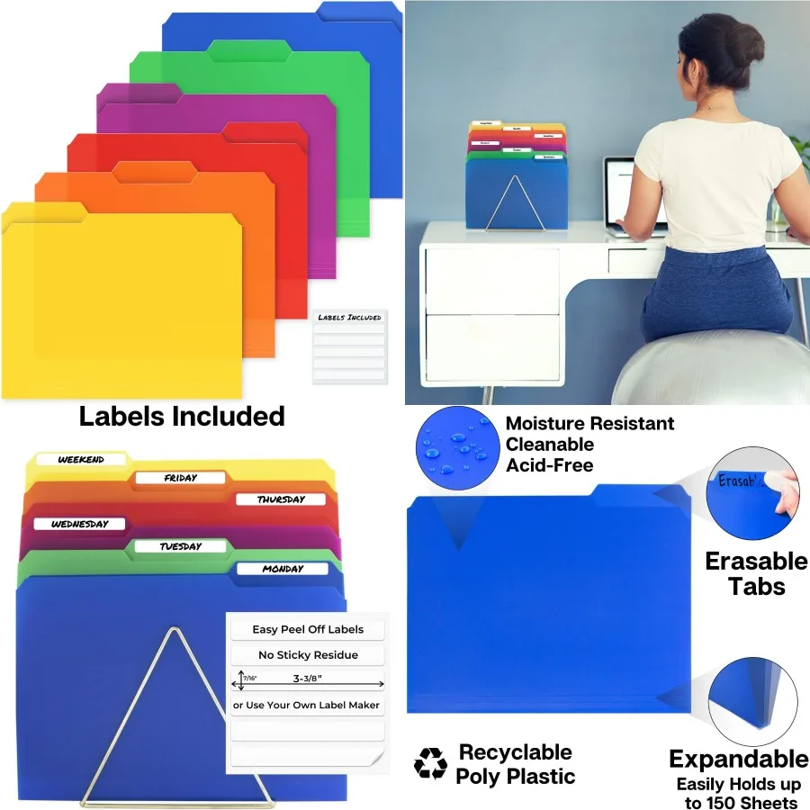 던웰 플라스틱 컬러 파일 폴더 12팩 1/3 탭 파일 폴더 8.5x11 레터 사이즈 문서용 다양한 색상 무산성