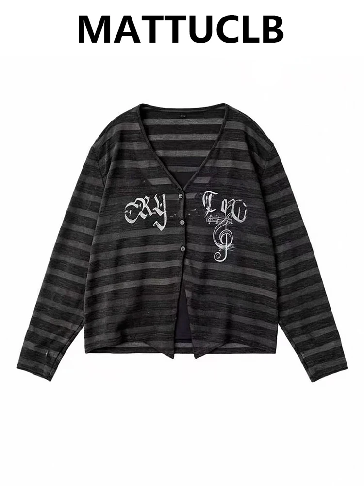 Autumn Winter Women Long Sleeve Top Y2k 2000s V-Neck T-Shirt Loose Casual Single-breasted Kpop Tee College Style Harajuku Top