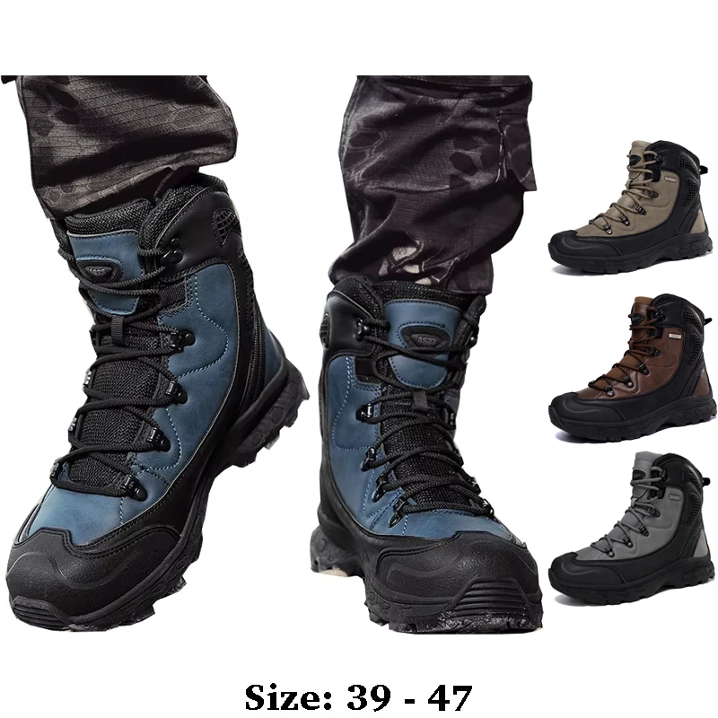 

Высококачественные кожаные ботинки для мужчин до щиколотки, размер 46, 47, новинка 2025 года, осень-зима, уличная походная горная обувь серого синего цвета