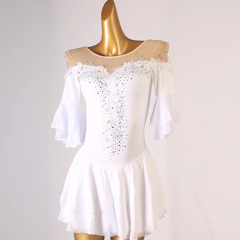 Vestido de patinaje artístico blanco para mujer y niña, traje de gimnasia con diamantes de imitación de cristal personalizados, B155