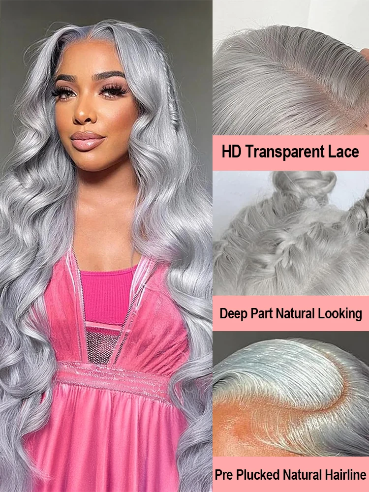 Grey Colored Human Hair Wigs 40 Inch HD 13x4 13x6 Silver Body Wave Lace Frontal Wigs For Women Brazilian Virgin Hair 250 Density