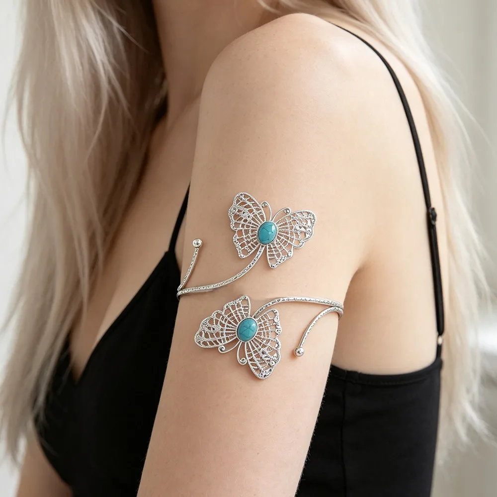 Vintage Butterfly Open Cuff Armlet Hollow Design Adjustable Opening Open Arm Ring Turquoise Inlay Metal Curtain Buckle Skirt