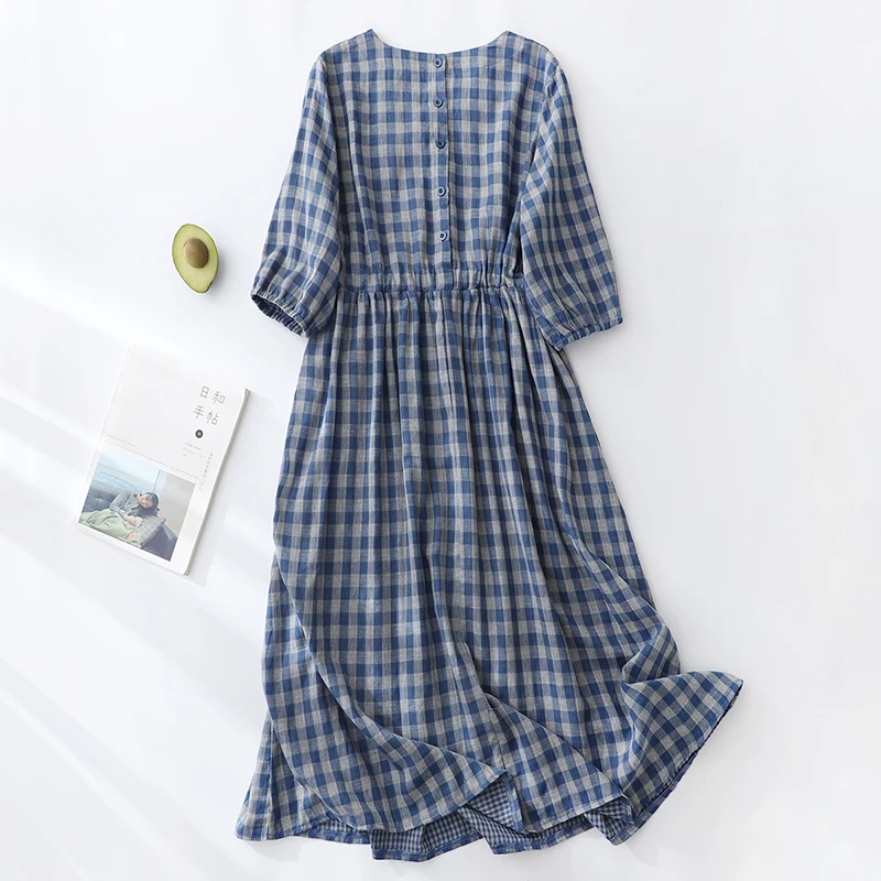 Cotton Linen Bohemian Women Dresses 2024 New Summer Puff Sleeve Holiday Beach Dress Elegant Plaid Bowtie Sundress Vestidos