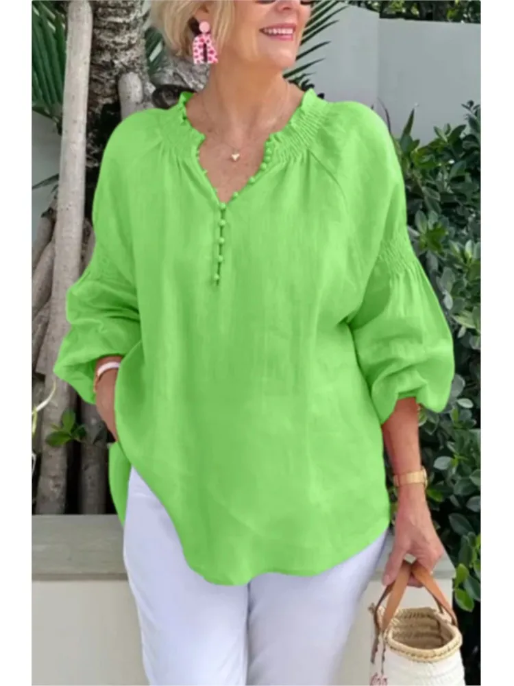 แฟชั่นผ้าฝ้ายลินินสีทึบเสื้อหลวมสำหรับฤดูใบไม้ผลิฤดูร้อนผู้หญิงลำลองหลวมคอวีปุ่มแขนยาว