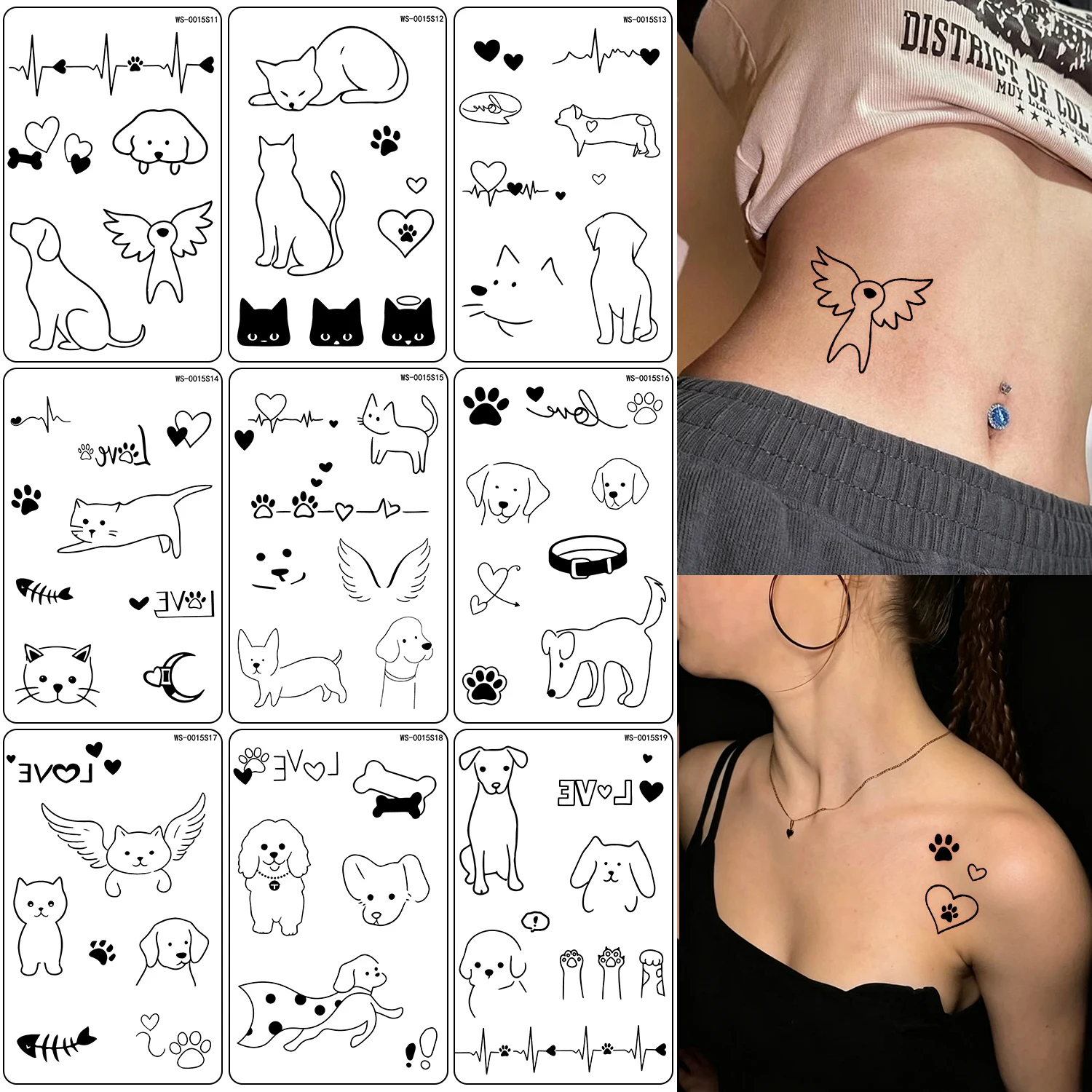 10Pcs Cute Pet Temporary Tattoo Stickers Waterproof Cat Dog Paw Print Heart Beat Fake Tattoo for Women Girls Arm Body Art Decor