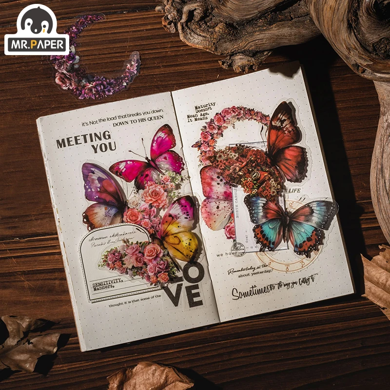 Mr.paper 30PCS/Bag Vintage Butterfly Sticker PET Material Paper Waterproof and Non-fading DIY Notepad, Mobile Phone Decoration