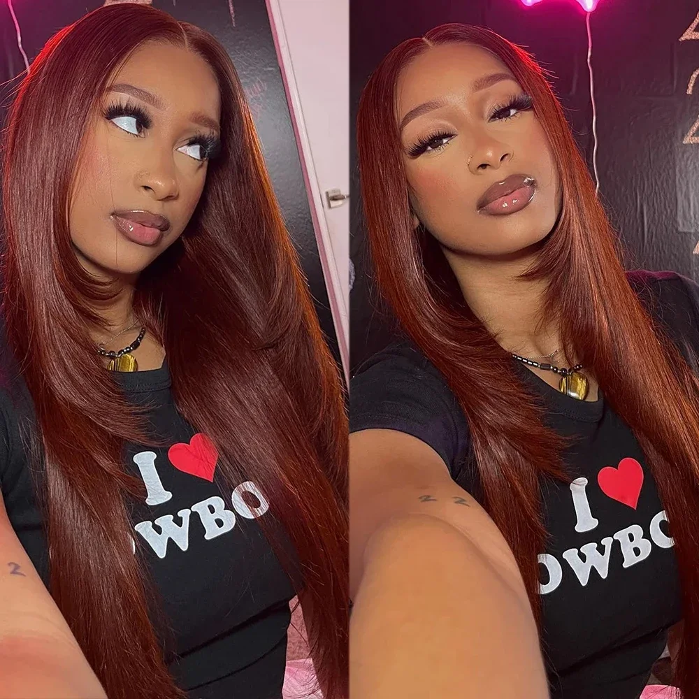 HD Straight Lace Front Wig Layered Wigs Reddish Brown Layered Cut Lace Wigs Copper Red Synthetic Butterfly Haircut Glueless Wigs