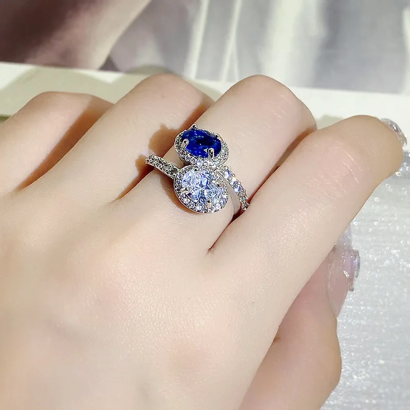 Oval Two-color stitching White sapphire rings for women drop ring luxury noble S925 sterling silver opening adjustable