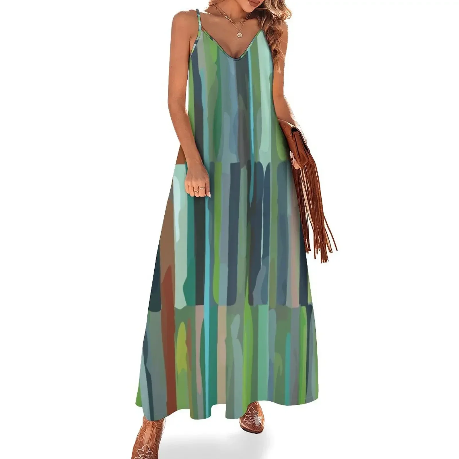 

Green Etchnic Scandinavian Vertical Line Sleeveless Dress Women's dresses summer dress womens 2025 Dress