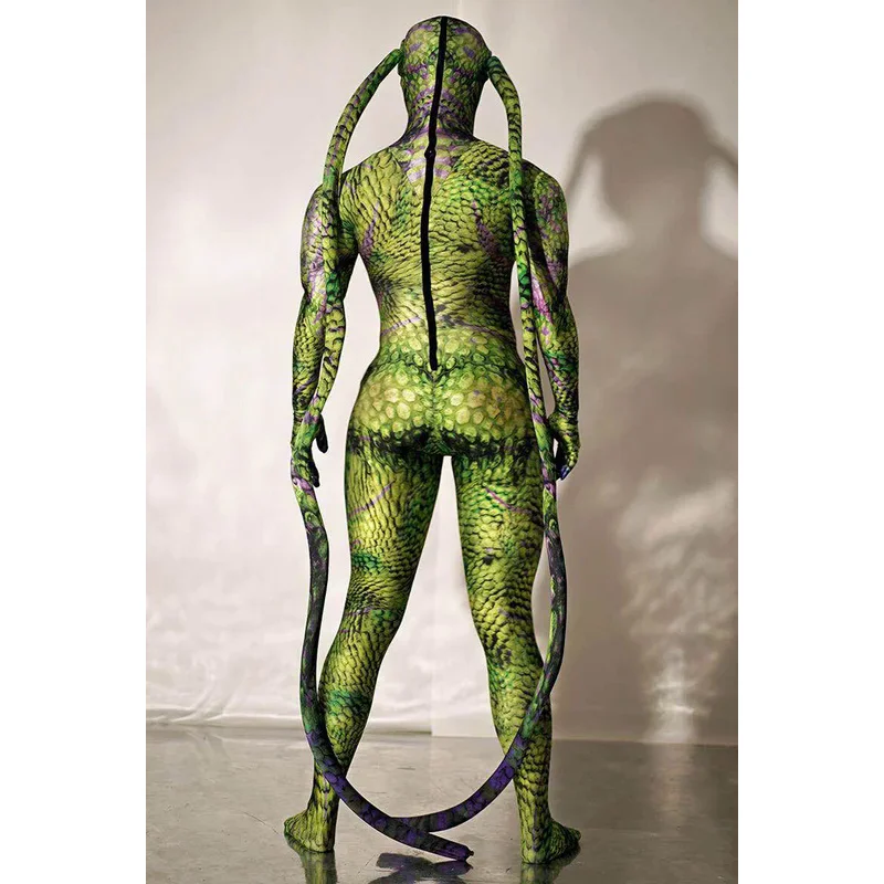 Halloween Rave Party Role-playing Stage Clothes Green bodysuit snake Spandex Stretch Skinny Jumpsuit Men Women Cosplay Costume