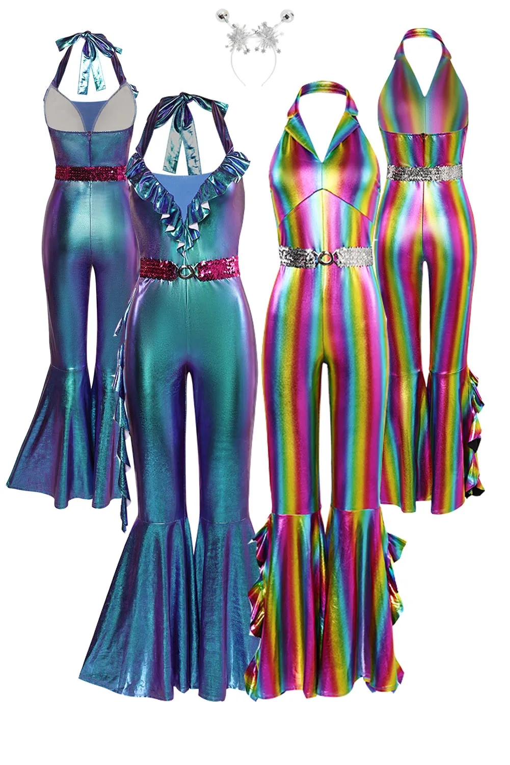 3 Pieces Set Women 70s Disco Jumpsuit Cosplay Female Shining Bell-Bottom Trousers Costume Headwear Belt Outfits Halloween Suit