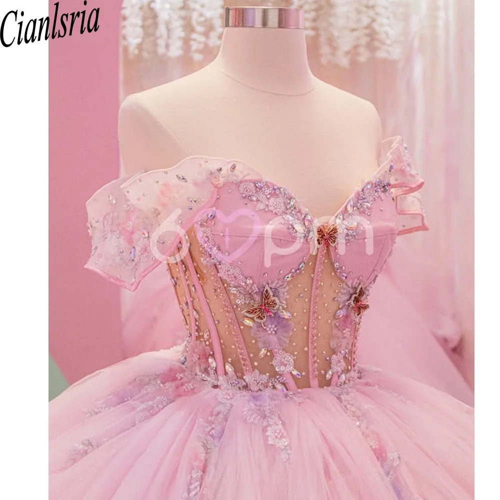 

Блестящее розовое платье Quinceanera с открытыми плечами, милые халаты De Soirée, Vestidos De 15, Anos