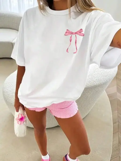 

Summer Simple Loose Women's Short Sleeved Top Beautiful Bowknot Loose T-Shirt 2025 O-Neck Polyester Short-Sleeved Top Pullover