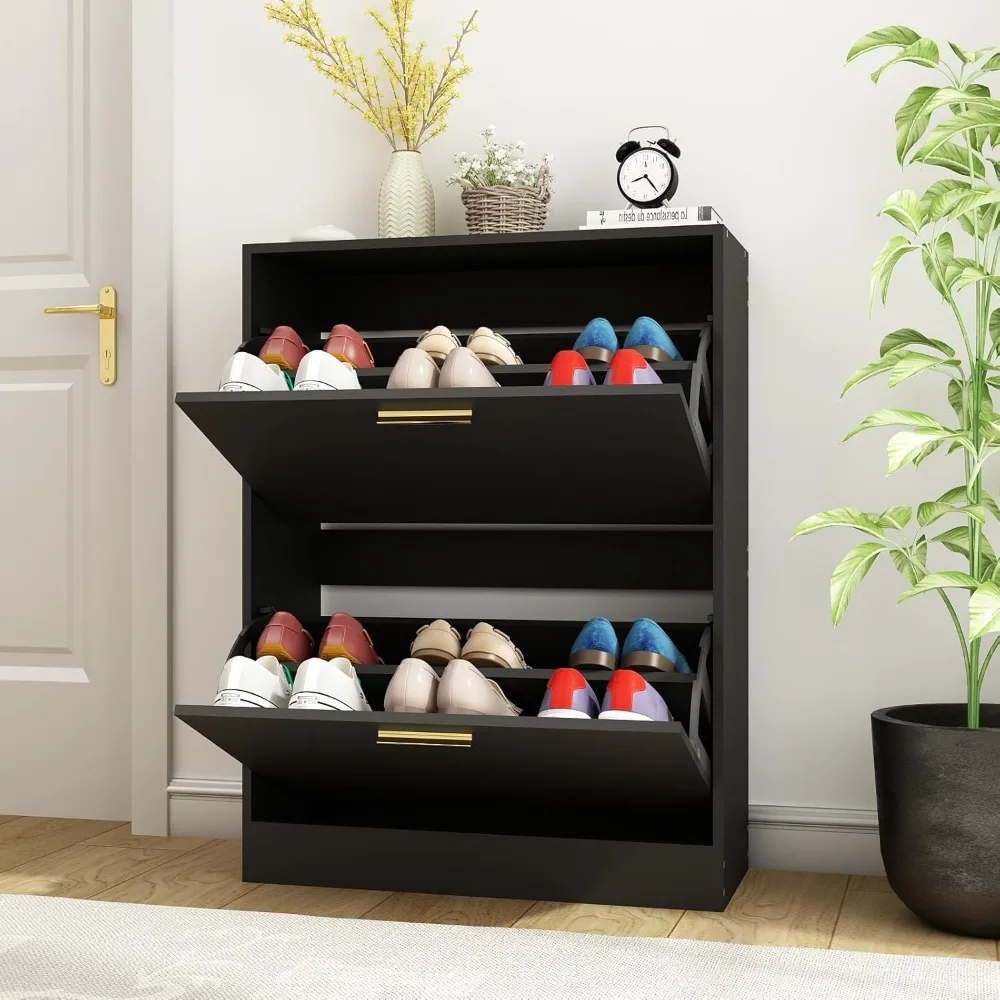 

Shoes Cabinet with 2 Flip Drawers, Narrow Hidden Shoes Storage Cabinet for Entryway Slim, Black Shoe Cabinet Freestanding Shoe O