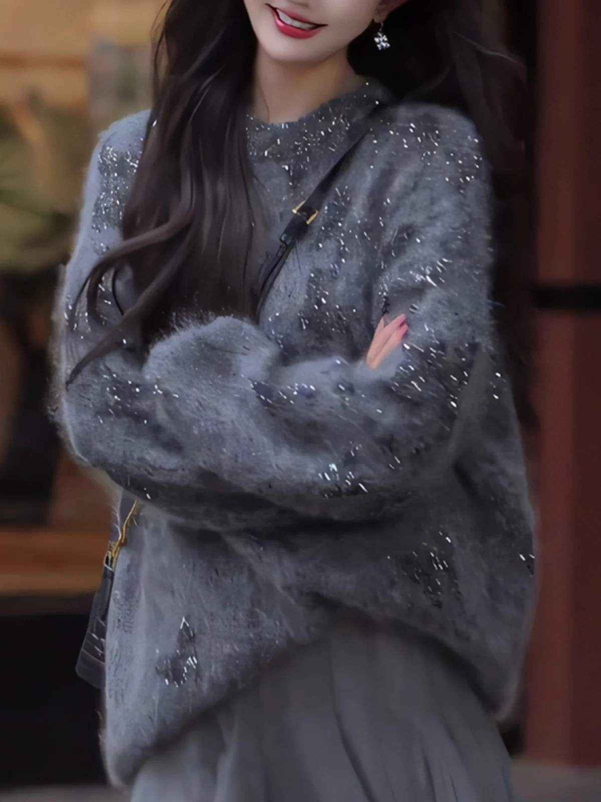 

Autumn Knitted ey round Ne Heavy Design Faionable Korean Sle Anti-Aging Women's Sweater Comfortable Loose Fit Long Sl...