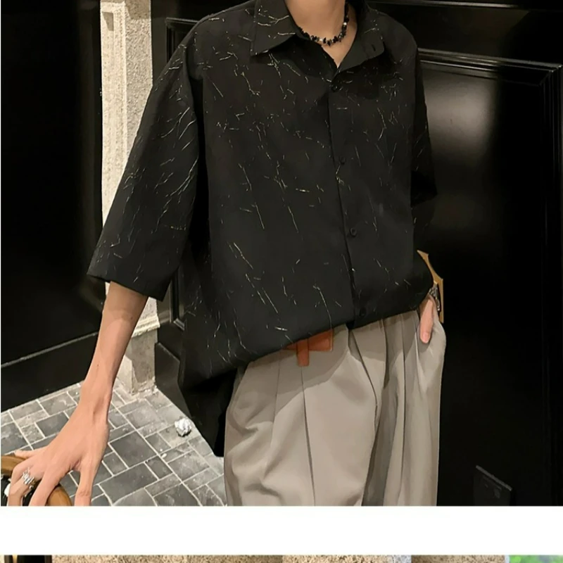 Yuppie Style Ice Silk Short-sleeved Shirt Men's Summer Thin Metal Texture High-end Shirt Casual Ruffian Handsome Jacket Fashion