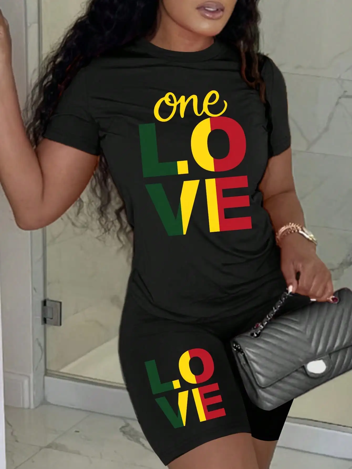 

Black Short Sleeve Lounge Set with Colorful 'One Love' Graphic Print